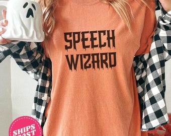 SLP Speech Wizard Retro Halloween T-Shirt, Comfort Colors, Speech Therapy Halloween Shirt, Spooky Fall Shirt, SLP Fall Sweatshirt, AAC tee