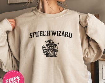 Speech Wizard Speech Therapy Halloween Sweatshirt, SLP Halloween,Retro Raccoon Tee, Speech Pathologist Fall Sweatshirt,Speech Therapist, AAC