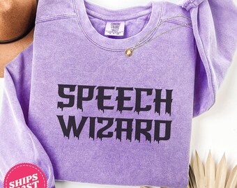 Comfort Colors® SLP Speech Wizard Retro Halloween Sweatshirt, SLP Halloween Sweatshirt, Minimalist Sweatshirt, SLP Fall Sweatshirt, aac