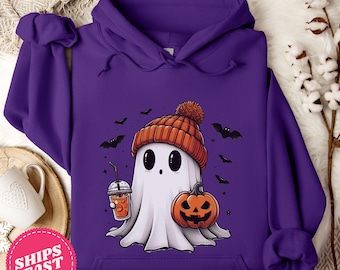 Purple Halloween Hoodie, Cute Ghost Hoodie, Halloween Hoodie, Halloween Women Hoodie, Spooky Season Hoodie,  Gift for Her, Fall Hoodie