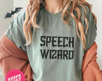 Comfort Colors® SLP Speech Wizard Retro Halloween T-Shirt, Speech Therapy Halloween Shirt, Spooky Fall Shirt, SLP Fall Sweatshirt, AAC tee