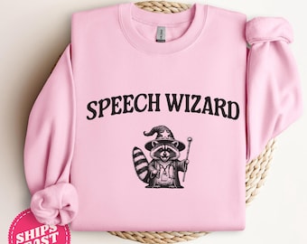 Speech Wizard Speech Therapy Halloween Sweatshirt, SLP Halloween,Retro Raccoon Tee, Speech Pathologist Fall Sweatshirt, Pink Halloween
