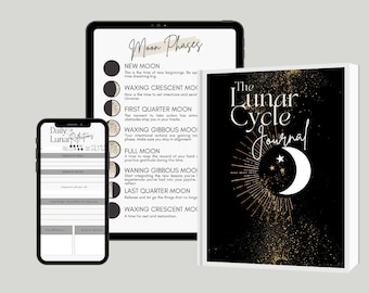 Könnte beinhalten: Ein schwarz-weißes Journal mit goldenen Akzenten und dem Text "The Lunar Cycle Journal". Der Umschlag zeigt einen weißen Halbmond mit drei Sternen und einem goldenen Sonnenstrahlen-Design. Das Journal wird von einem Tablet und einem Smartphone begleitet, die beide eine Liste der Mondphasen mit Beschreibungen anzeigen.