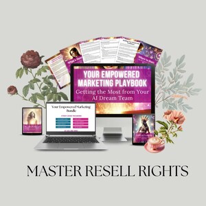 Puede incluir: Un paquete de marketing digital que se muestra en una computadora portátil, tableta y monitor. El texto "Your Empowered Marketing Playbook" es visible. La imagen incluye acentos florales y el texto "Master Resell Rights".