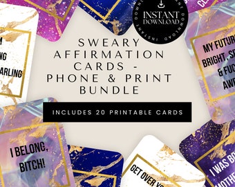 Sweary Affirmation Cards Phone and Print Bundle, Positive Affirmation Cards, Galaxy and Gold