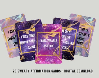 Tarjetas de afirmación jurada Descarga digital, Impresión en casa, Tarjetas de afirmación positiva para inspiración y motivación, Galaxy & Gold