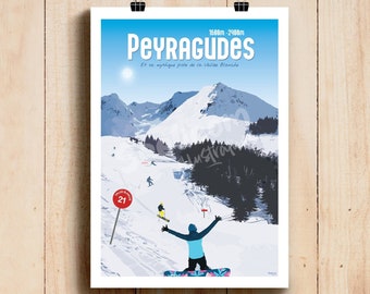 Affiche Pyrénées - Peyragudes / Illustration Pyrénées / Poster montagne deco print / Affiche station de ski / Art mural / Loudenvielle