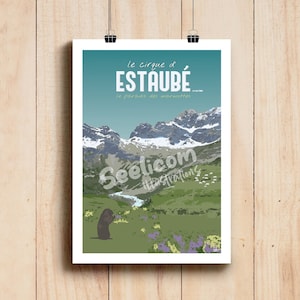Affiche Pyrénées - Cirque d'Estaube / Illustration Pyrénées / Poster montagne deco print / Vallée de Gavarnie / Art mural / Gavarnie