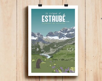 Poster Pyrenees - Cirque d'Estaube / Illustration Pyrenees / Poster mountain deco print / Valley of Gavarnie / Mural art / Gavarnie