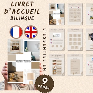 Peut inclure: Un livret d'accueil bilingue de 9 pages pour les invités, avec une image de couverture d'un salon avec une lampe et un canapé. Le livret comprend des sections sur le transport, le stationnement, le règlement intérieur, l'équipement, les environs et le départ.