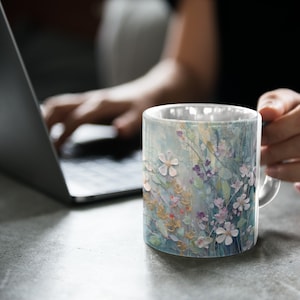 Teal Wildflower Coffee Mug, Digital Print 3D Look, Cottagecore Cup, Floral Bloom Gift, Pressed Flower Design, Boho Style Mug, 11oz 15oz mug