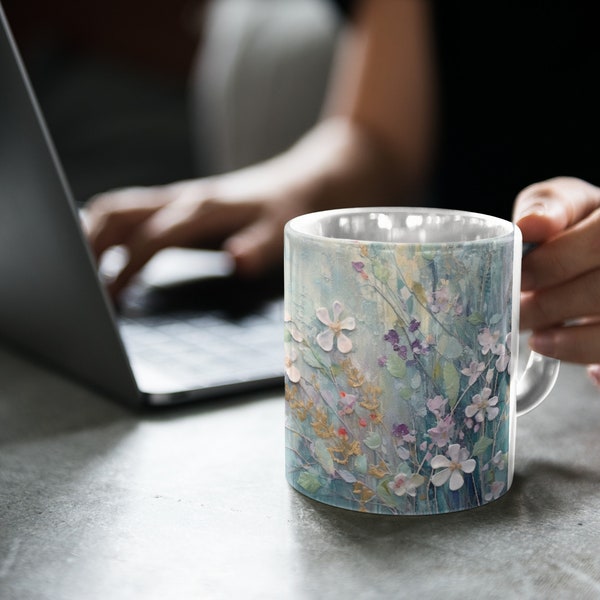 Teal Wildflower Coffee Mug, Digital Print 3D Look, Cottagecore Cup, Floral Bloom Gift, Pressed Flower Design, Boho Style Mug, 11oz 15oz mug