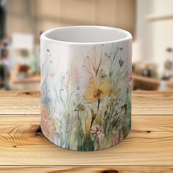 Whimsical Watercolor Floral Mug, Artistic Meadow Flowers Coffee Cup, Unique Botanical Tea Mug, Gift for Nature Lover, Pastel Home Decor