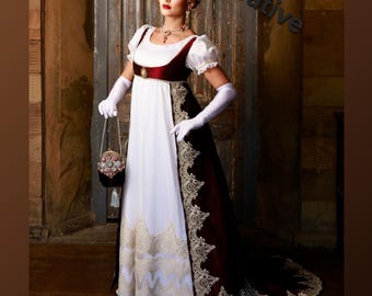 Regency dress open robe with train overdress spencer ball gown Jane Austen Joséphine Bonaparte empire silhouette burgundy 18th century