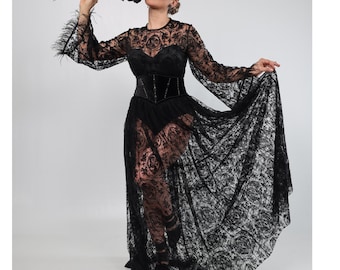 Black Gothic Wedding Dress Long Lace Bridal Gown Alternative Bridal Wear Dark Queen Costume Vampire Bride Long Sleeves Lolita Goth Dress