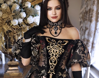 Victorian Gothic Ball Gown, Renaissance Faire Dress, Alternative Wedding Outfit, Historical Fantasy Corset attire, black prom dress