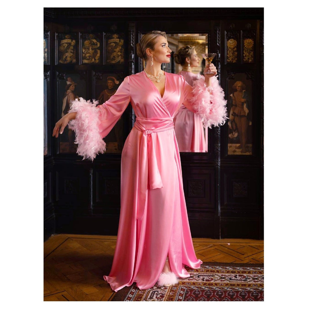 Burlesque Costume Pink Long Silk Robe Feather Satin Dressing Gown Drag ...