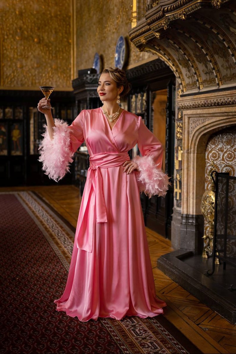 Burlesque Costume Pink Long Robe Feather Boudoir Dressing Gown Drag ...