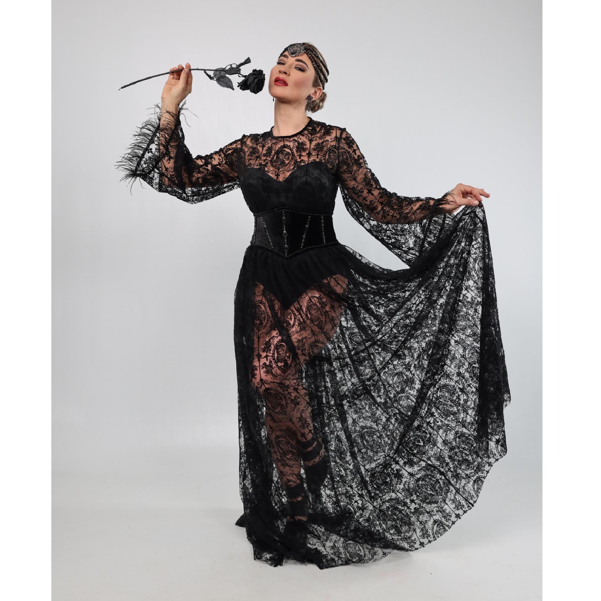 Black Gothic Wedding Dress Long Lace Guipure Bridal Gown With Train ...