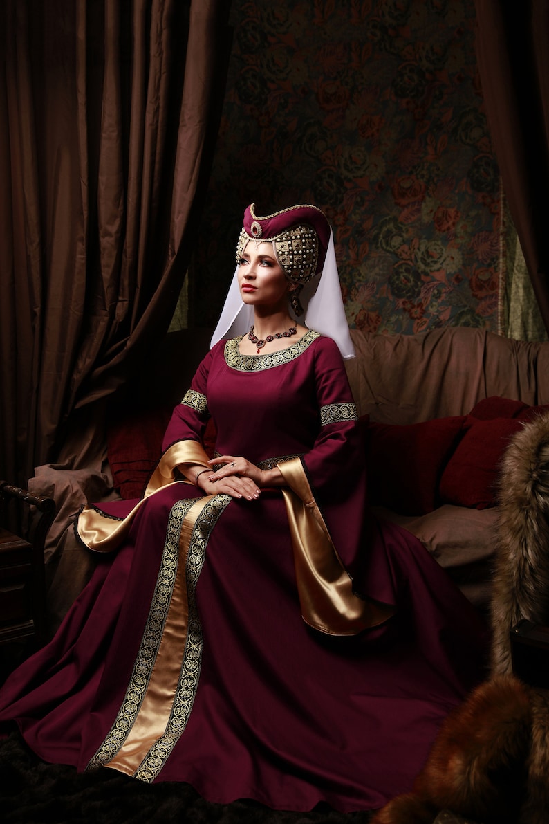 Fantasy Larp Medieval Dress/renaissance Princess/burgundy Red Dress ...