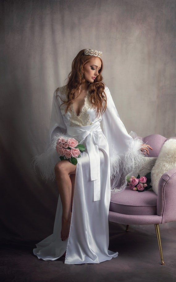 Boudoir Dress White Silk Bride Getting Ready Long Lace Robe Maxi Bridal Robe Wedding Dressing Gown Marabou Morning Outfit Etsy UK