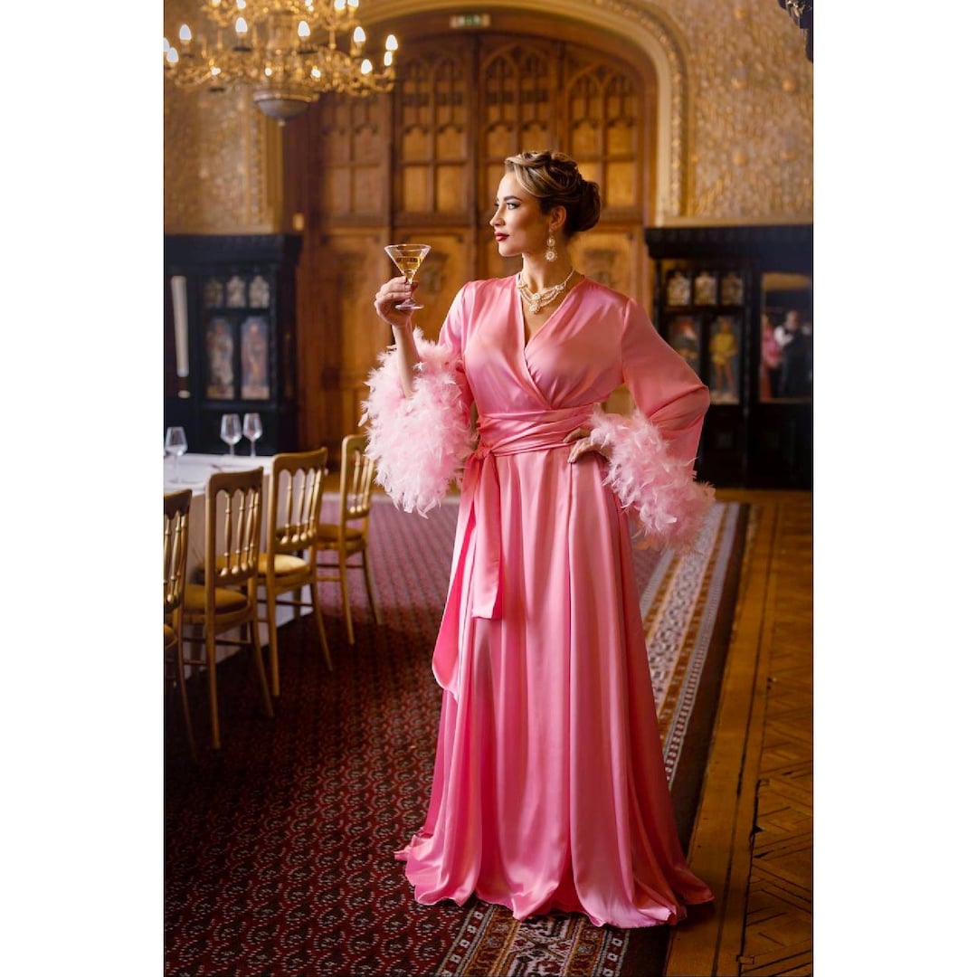 Boudoir Pink Dress Long Silk Robe Feather Lingerie Dressing Gown