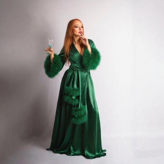 Burlesque Costume Emerald Green Long Silk Hollywood Outfit Satin Robe Drag  Queen Marabou Feathers - Etsy