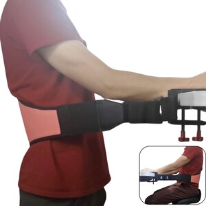 May include: A black and coral-colored posture corrector belt is shown. The belt wraps around the torso and attaches to a keyboard stand. The belt has adjustable straps and is designed to improve posture while using a keyboard.