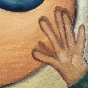 May include: A close-up of a hand painted in a realistic style. The hand is painted in shades of brown and has five fingers. The fingers are slightly curled and the hand is reaching out towards the viewer. The background is a light brown color.