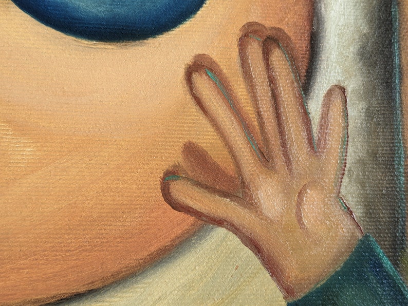May include: A close-up of a hand painted in a realistic style. The hand is painted in shades of brown and has five fingers. The fingers are slightly curled and the hand is reaching out towards the viewer. The background is a light brown color.
