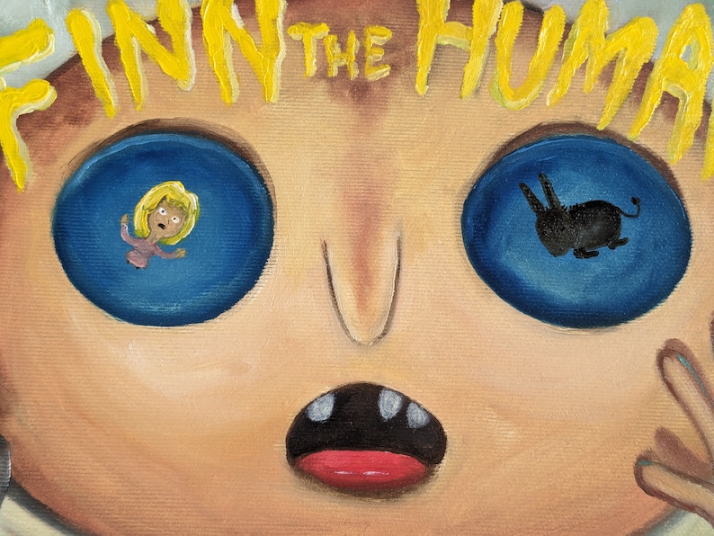 May include: A close-up of a painting depicting a face with two large blue eyes. The left eye shows a reflection of a woman with blonde hair, while the right eye shows a reflection of a black silhouette of a rabbit. The text "FINN THE HUMAN" is written in yellow across the top of the image.