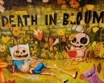 May include: A painting of two skeletons in a garden setting. One skeleton is wearing a blue and white hat and holding a cup. The other skeleton is reading a book titled "Treasures of the Mind". The painting is titled "Death in Bloom".