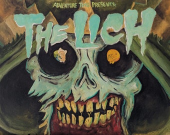 May include: An illustration of The Lich from Adventure Time. The image features a skull with a green and white color scheme, with the text "THE LICH" in large, dripping letters. The eyes are black with cartoon characters inside.
