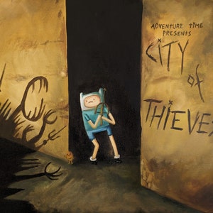 May include: An illustration from Adventure Time, featuring Finn holding a weapon, standing in a doorway. The text "City of Thieves" is written on the wall. Shadows of monsters are cast on the wall.