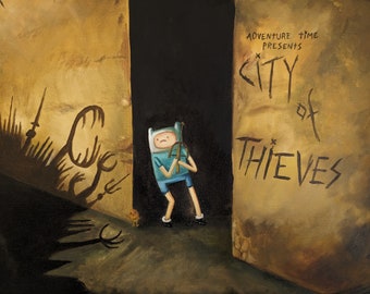 May include: An illustration from Adventure Time, featuring Finn holding a weapon, standing in a doorway. The text "City of Thieves" is written on the wall. Shadows of monsters are cast on the wall.