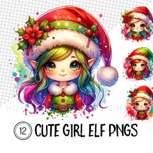Elfo navideño PNG, Elfos femeninos, Regalos navideños, Escena navideña PNG, Clipart navideño, Diseño navideño de elfo femenino, Descarga digital