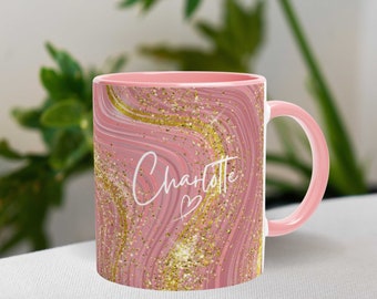 Abstract Art Mug Marble Coffee Cup Pink Gold Mug Gift for Her Custom Name Cup Mum Birthday Gift