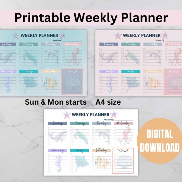 Weekly Planner Printable Underwater Sea Creatures Digital Week Planner Great for Kids and Teens