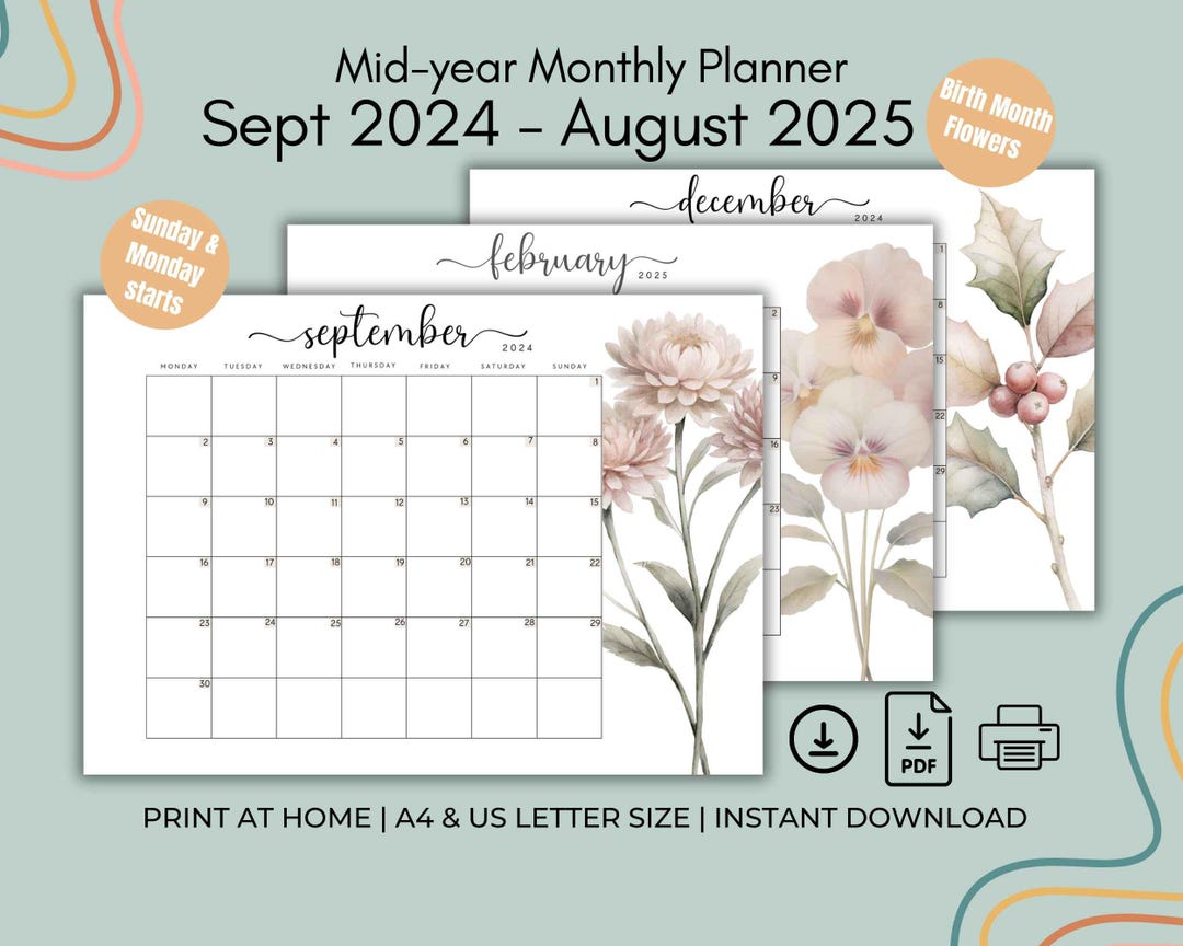 Mid Year Calendar Printable 2024-2025, Month at A Glance to Do List, Birthmonth Flowers Gifts ...