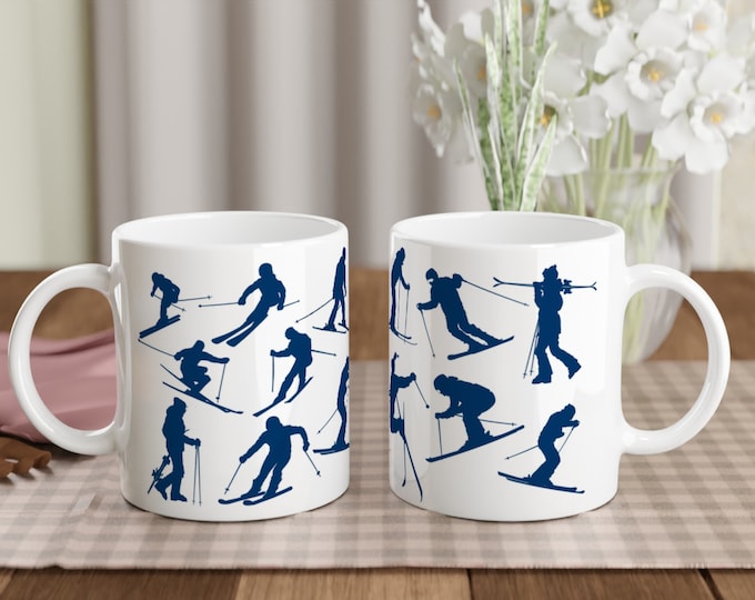 Ski mug skiing icons gift for skiers winter vacation mountain fitness outdoor sports 11oz white ceramic dad birthday present son