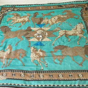 Vintage turquoise scarf with horses. 144x140cm