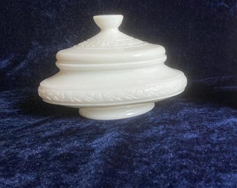 Antique French White Opaline Lidded Jar Embossed. Depose