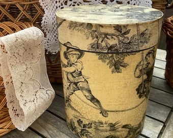 Vintage French wooden storage box in Toile de Jouy style