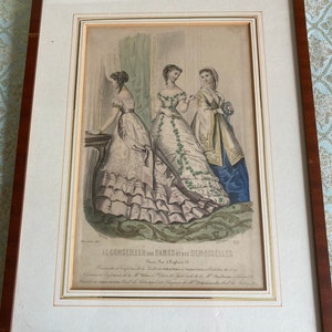 Antique framed fashion engraving Le Conseiller des Dames et Des Demoiselles 1867