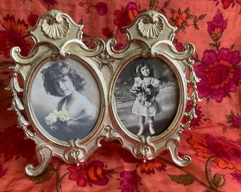 Antique French Double Photo Frame Heavy Brass