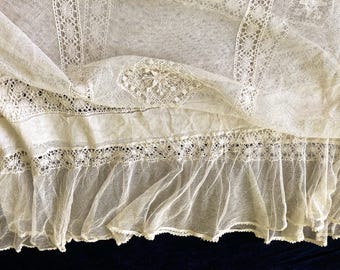 May include: Close-up of antique ivory lace fabric. The delicate textile features intricate floral and geometric patterns, with a ruffled edge. The lace is layered, creating depth and texture. The fabric is slightly translucent, revealing the dark blue surface beneath.