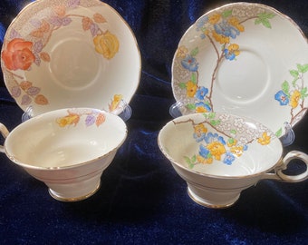Vintage English Grosvenor teacups with saucers from the 1930s-1940s. Hand painted