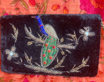 Vintage Art Deco Peacock Bird Velvet Zardozi Clutch 1940-1950