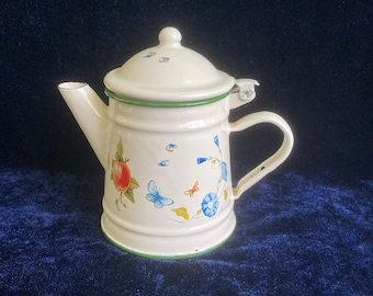Janneke Brinkman Salentine Enamel Teapot with Butterflies and Fruit Decor.