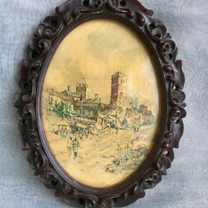 Desenho de caneta colorida vintage com moldura de madeira esculpida